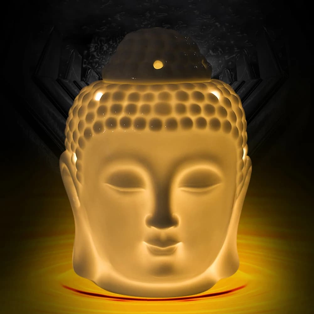 Brûleur d'huile aromatique en céramique en forme de tête de Bouddha, diffuseur d'huiles essentielles, brûleur d'encens indien Bouddha tibétain, porte-bougies chauffe-plat