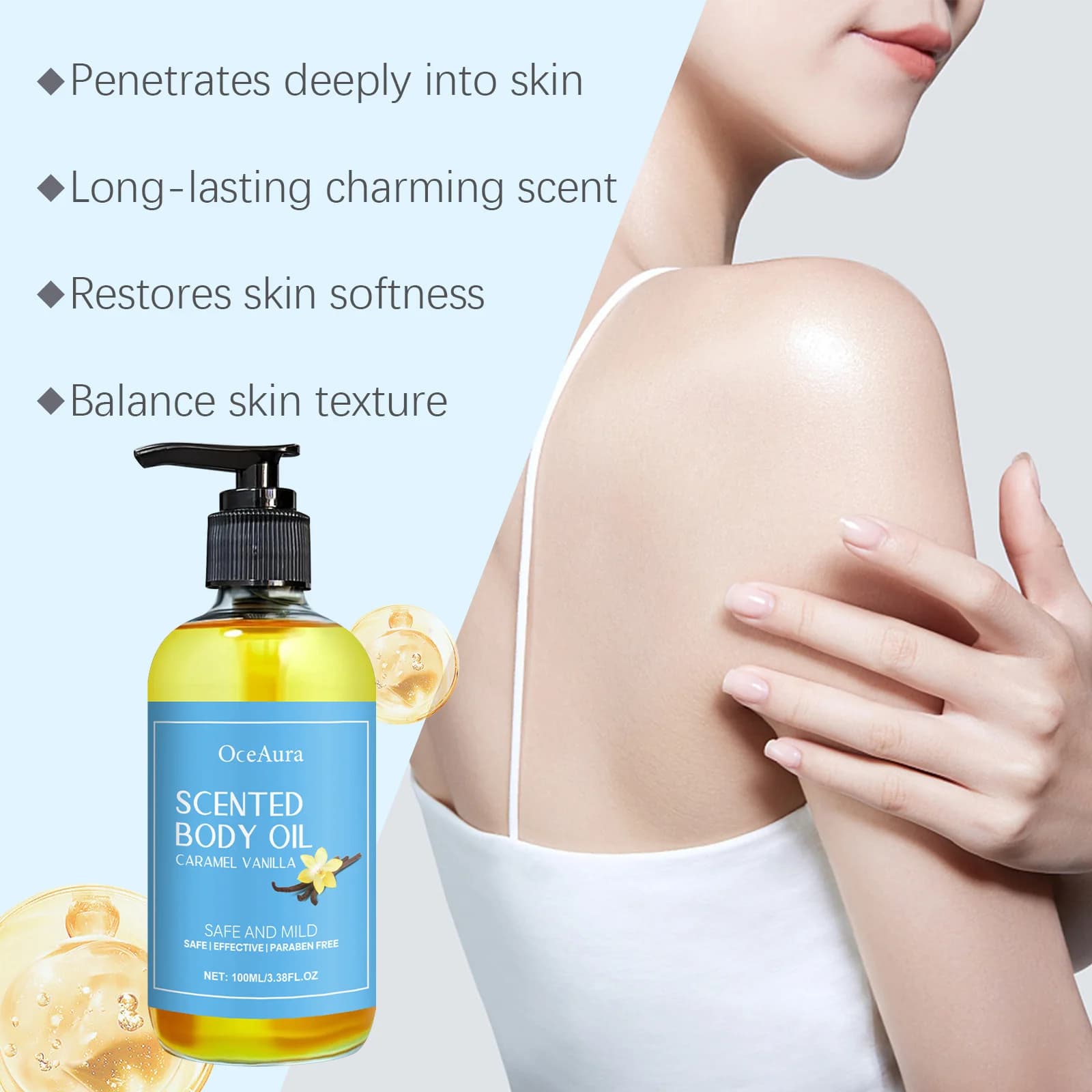 Huile de Massage corporel à la vanille, améliore l'hydratation, soulage le Stress, renforce, nourrissante, relaxante musculaire, huiles essentielles végétales de SPA