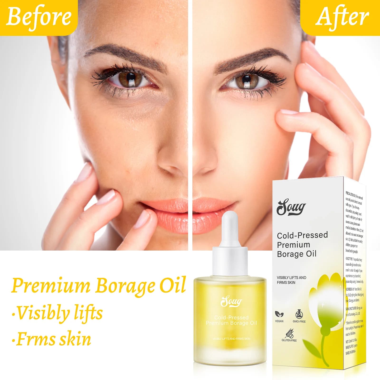 Huile de Borage pressée – Huile pour le visage 100 % pure et naturelle pour le lifting et le raffermissement de la peau, végétalienne, sans OGM, pour l'élasticité et l'éclaircissement. 30 ml