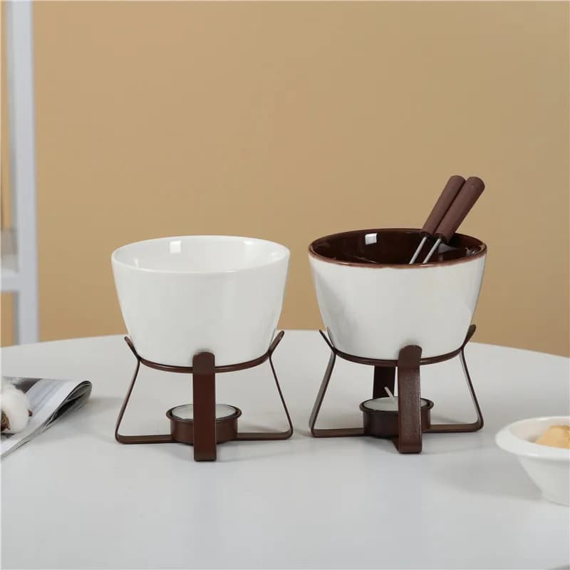 Ensemble de fondue au chocolat avec fourchettes - Pot à fondue en céramique pour chocolat, fromage, beurre, avec chauffe-plat pour fêtes et réunions