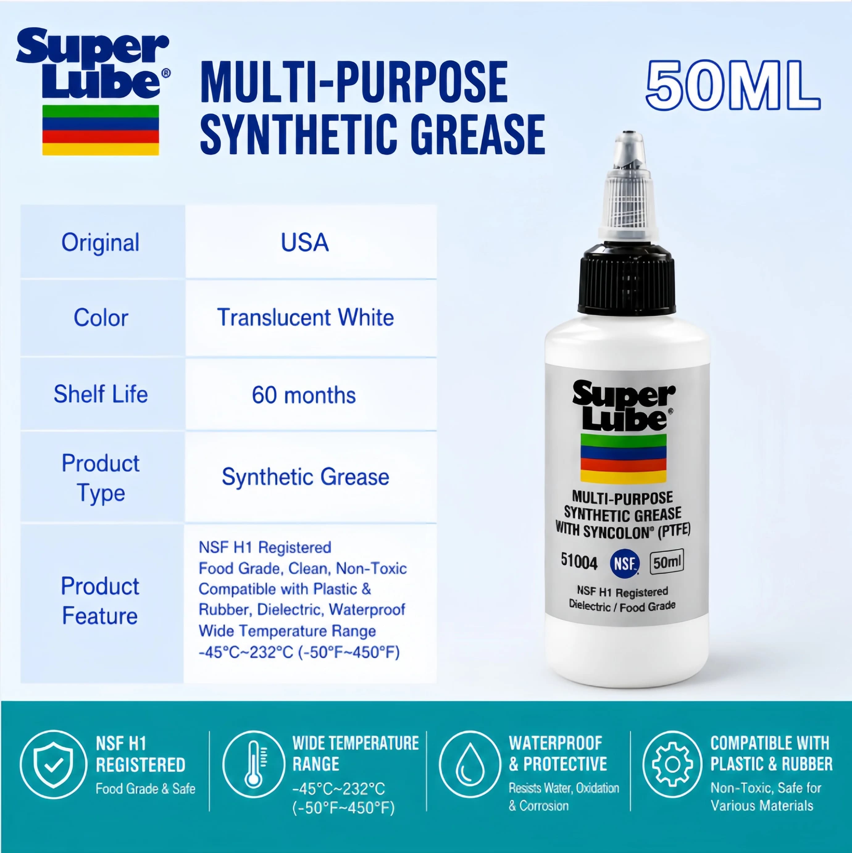 Super Lube 51004 Huile Synthétique ISO 100 NSF H1 Lubrifiant de Qualité Alimentaire pour Interrupteurs de Clavier, Engrenages, Roulements, Plastique – Sûr 20ml 50ml