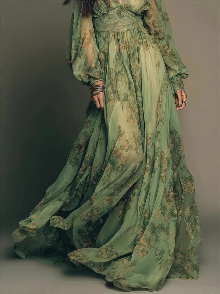 Nouvelle Robe Longue Fluide à Col en V et Manches Longues Imprimées pour Femme, Taille Cintrée, Jupe Longue Drapée, Élégante et Tendance pour le Printemps