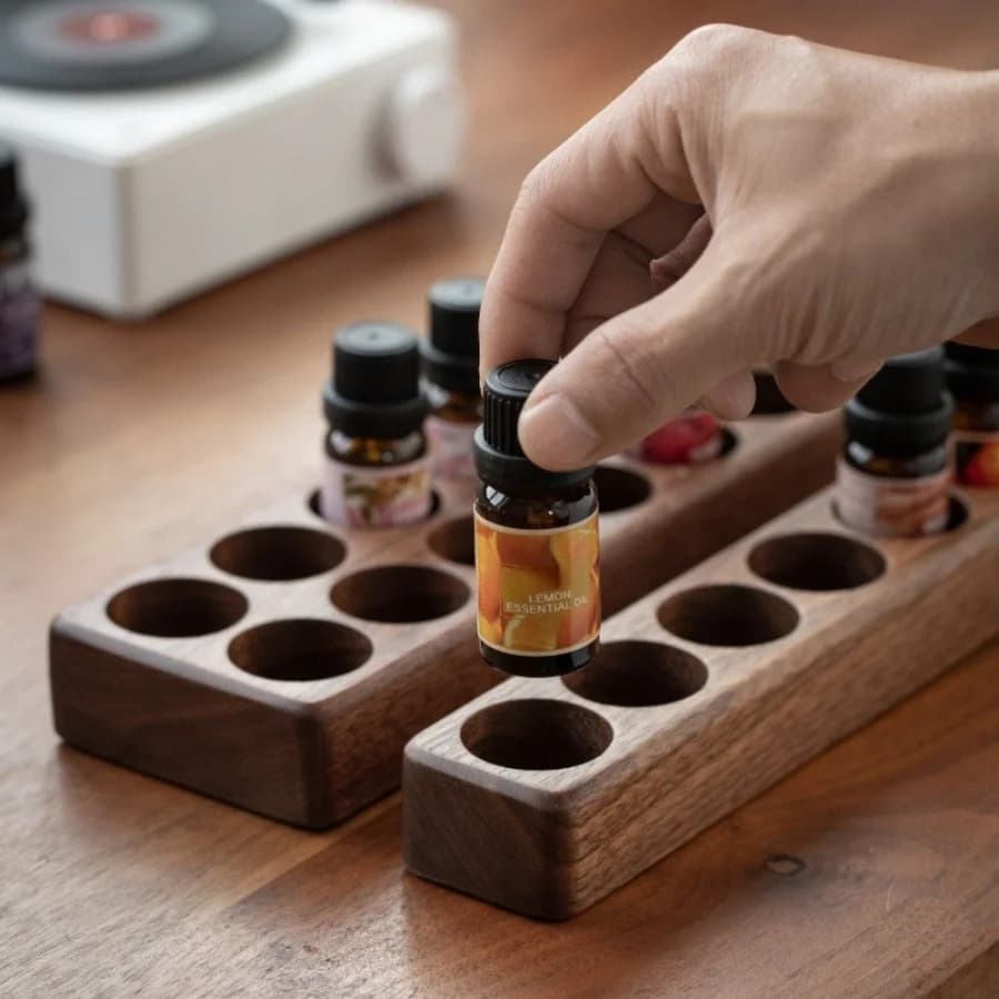 Support de rangement en bois de noyer pour huiles essentielles et cosmétiques, présentoir Vertical de bureau en bois, salle de bains, cuisine, ménage avec cloison