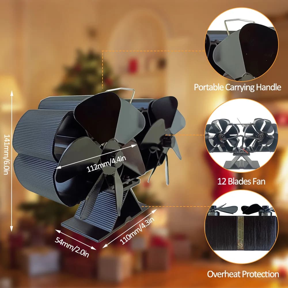 Ventilateur de poêle à bois alimenté par la chaleur, double moteurs silencieux, 6 pales, ventilateur de cheminée Non électrique activé par la chaleur avec support et thérapie magnétique