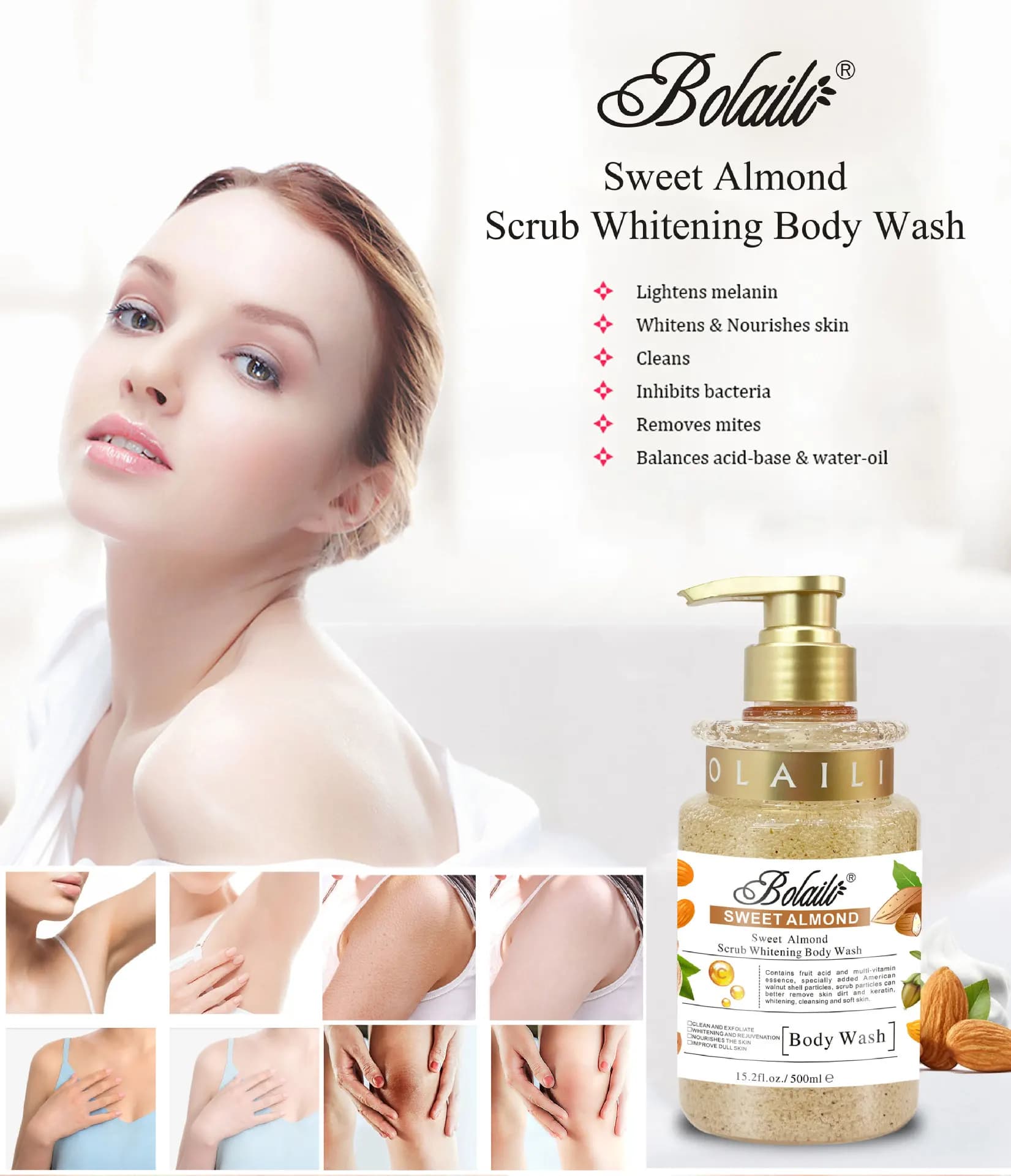 Gel Douche Exfoliant et Hydratant à l'Amande Douce, Éclaircissant et Nettoyant en Profondeur pour les Pores, 500ml