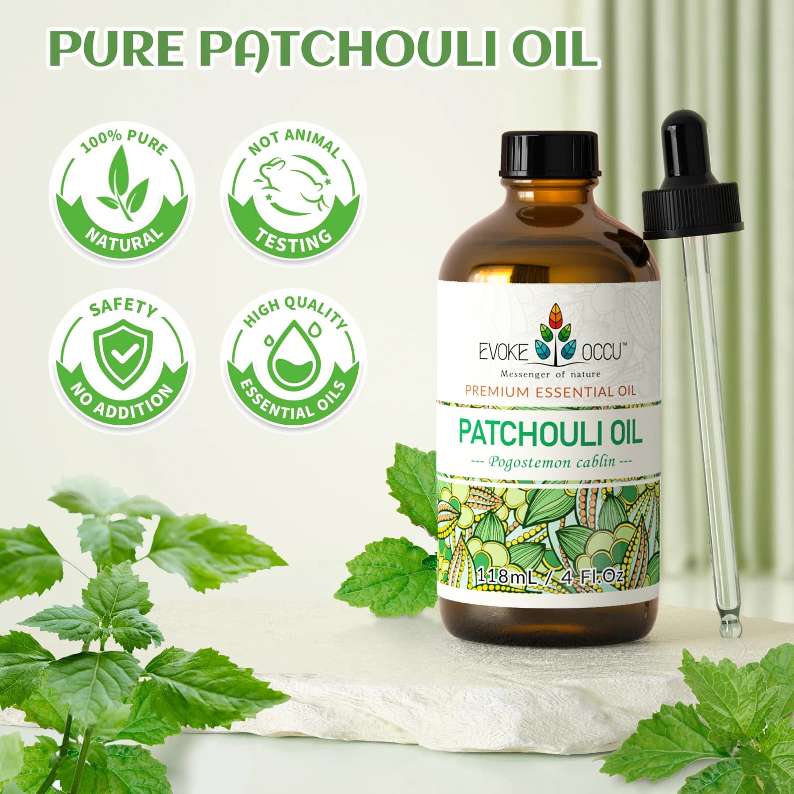 Huile essentielle de patchouli EVOKE OCCU, huile de patchouli pure pour diffuseur, massage, parfum, fabrication de bougies et de savons DIY - 118 ml/4 fl.oz