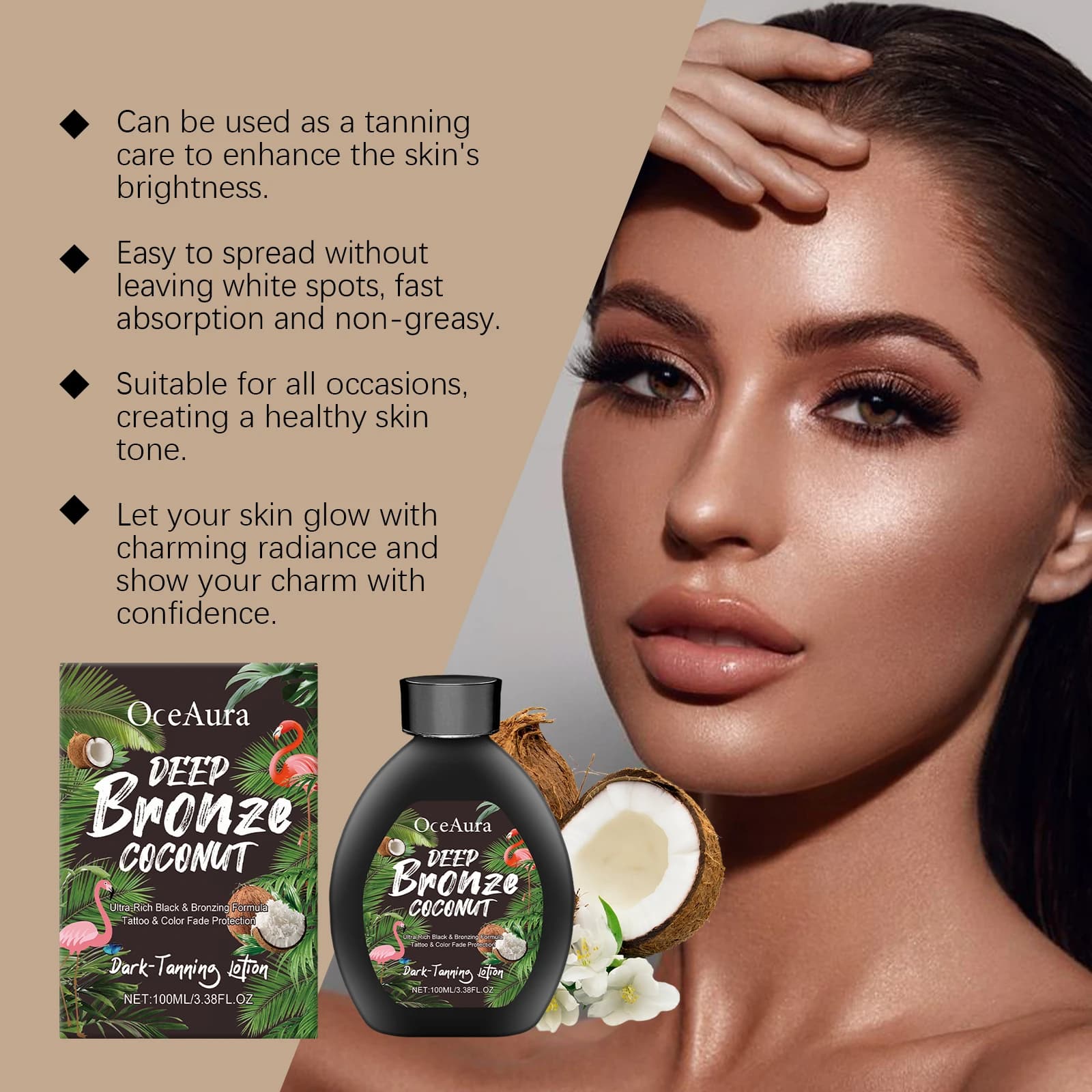 Lotion bronzante foncée à l'huile de coco, accélérateur d'hydratation pour un éclat bronze profond, crème bronzante pour lits de bronzage et usage extérieur