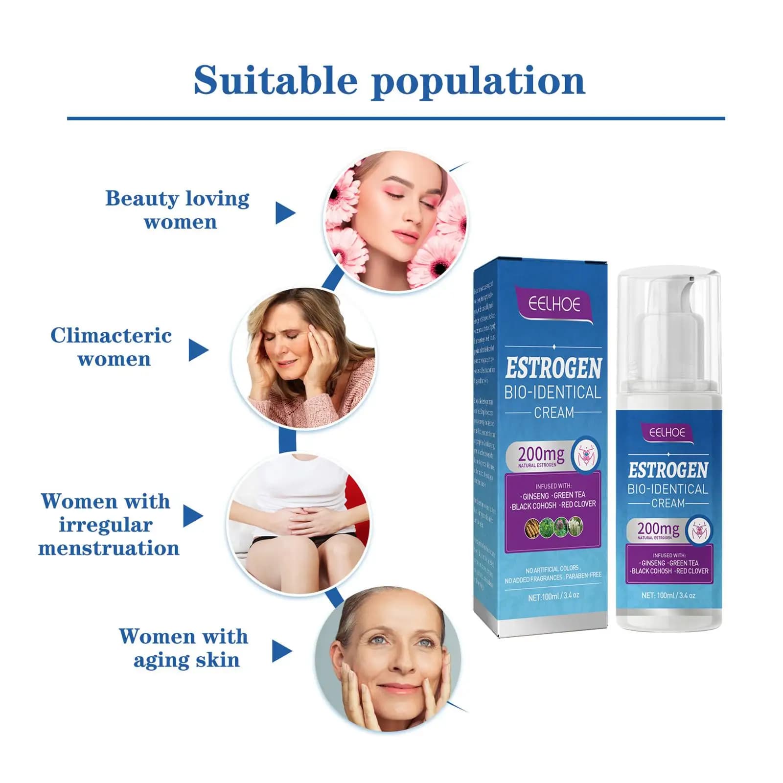 Crème de soulagement de l'estrogène pour les femmes aide à réduire les flashs chauds 100ml niveaux d'hormone équilibrant la crème d'estrogène ménopausal