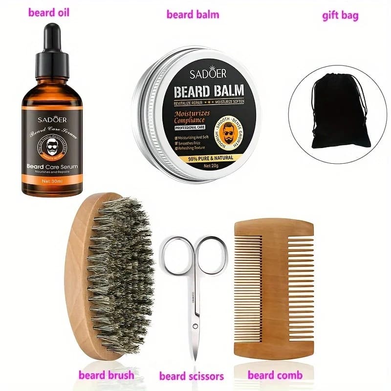 Kit de croissance de barbe pour hommes, rehausseur de cheveux, huile essentielle, cire hydratante, rouleau de croissance, peigne, ciseaux de coiffure, soins de la barbe