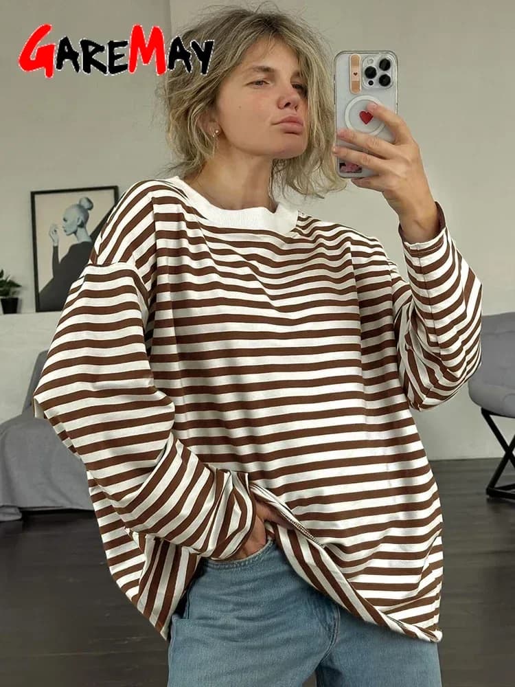 T-shirt Rayé à Manches sulfpour Femme, 95% Coton, Noir et Blanc, Décontracté, Basique, Vintage