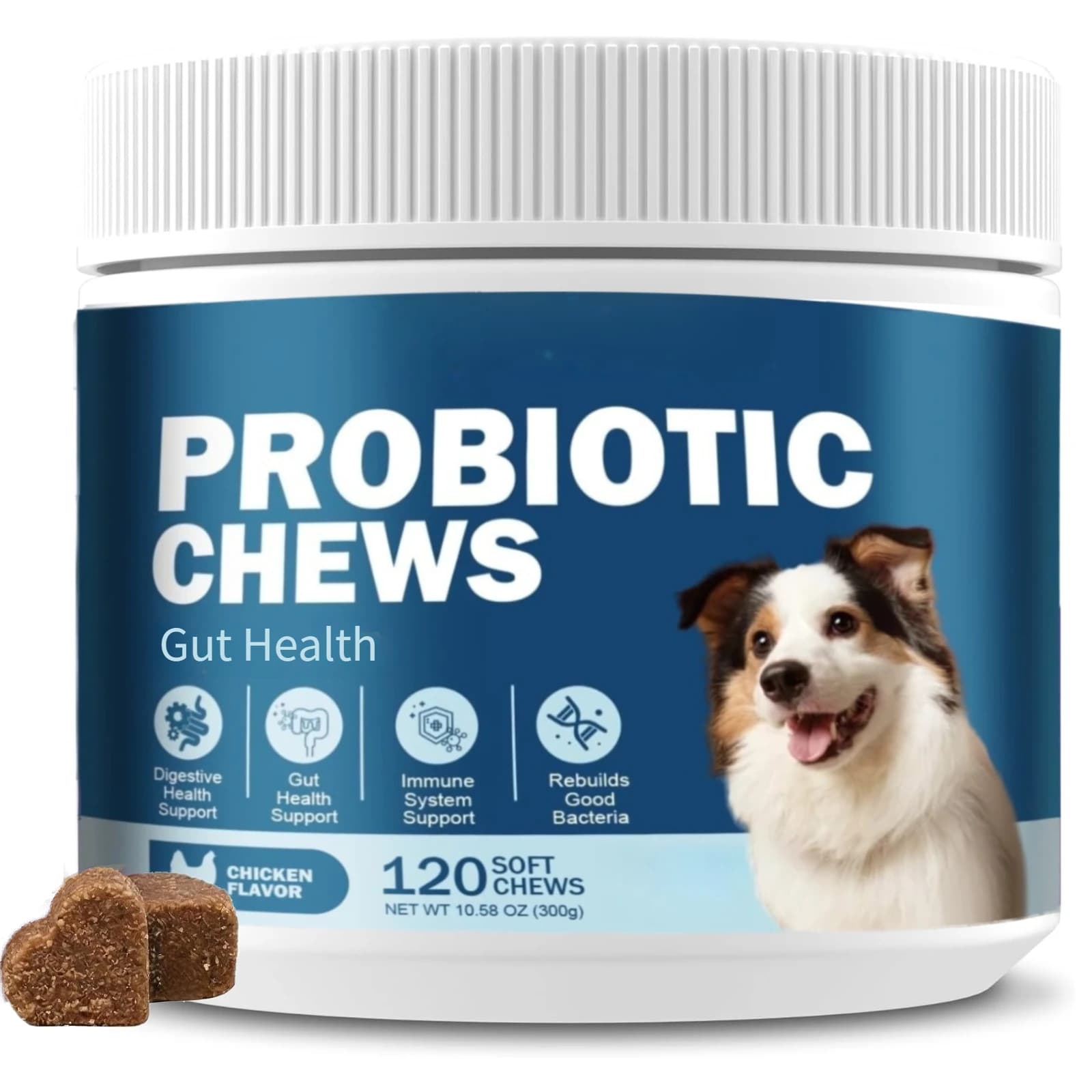 120 Friandises Probiotiques pour Chiens : Équilibre de la Levure, Allergies, Immunité, Santé Intestinale – Complément Canin pour Réduire la Diarrhée et les Démangeaisons des Oreilles (Saveur Poulet)