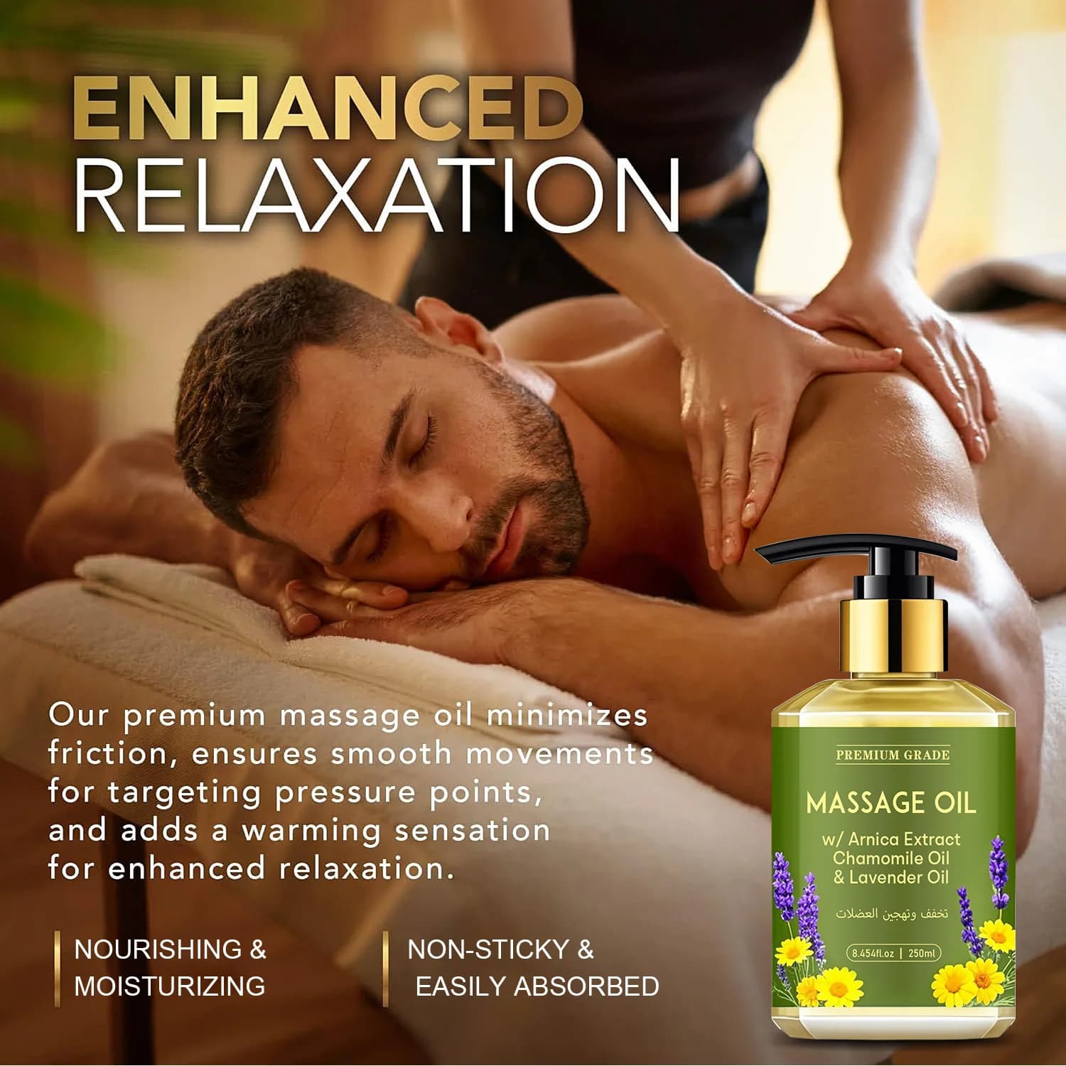 L'huile de massage à l'huile essentielle de camomille et de lavande nourrit la peau, déteste l'esprit et soulage la tension musculaire 250 ml