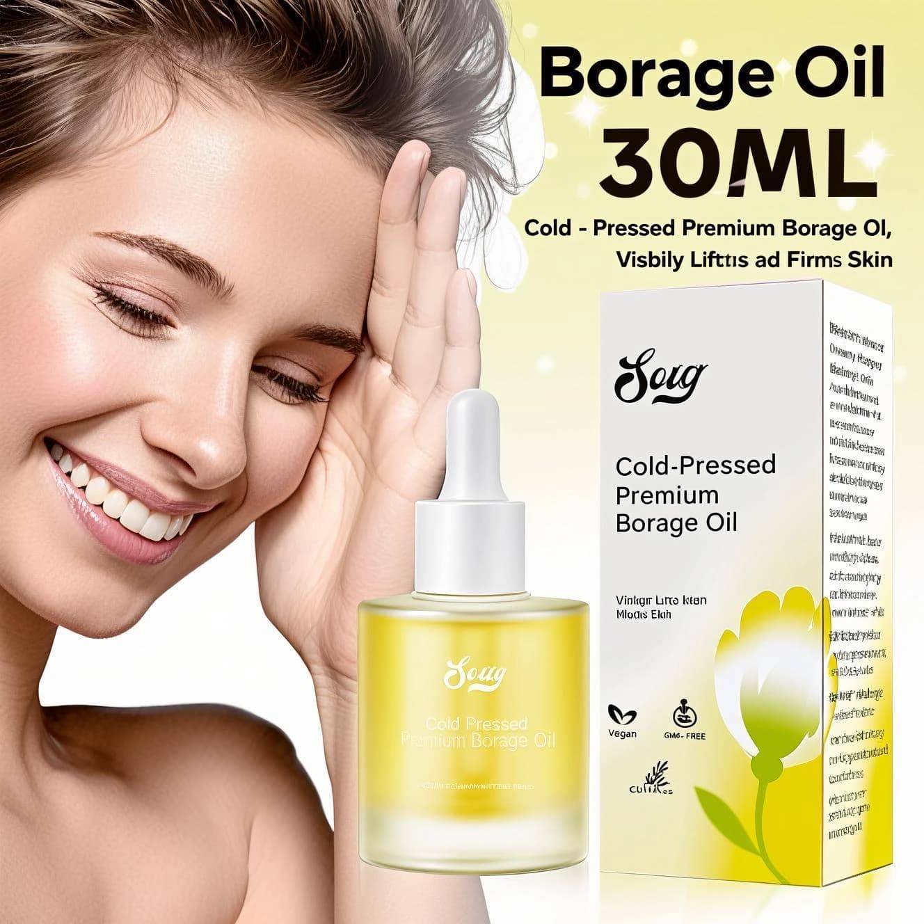 Huile de Borage pressée – Huile pour le visage 100 % pure et naturelle pour le lifting et le raffermissement de la peau, végétalienne, sans OGM, pour l'élasticité et l'éclaircissement. 30 ml