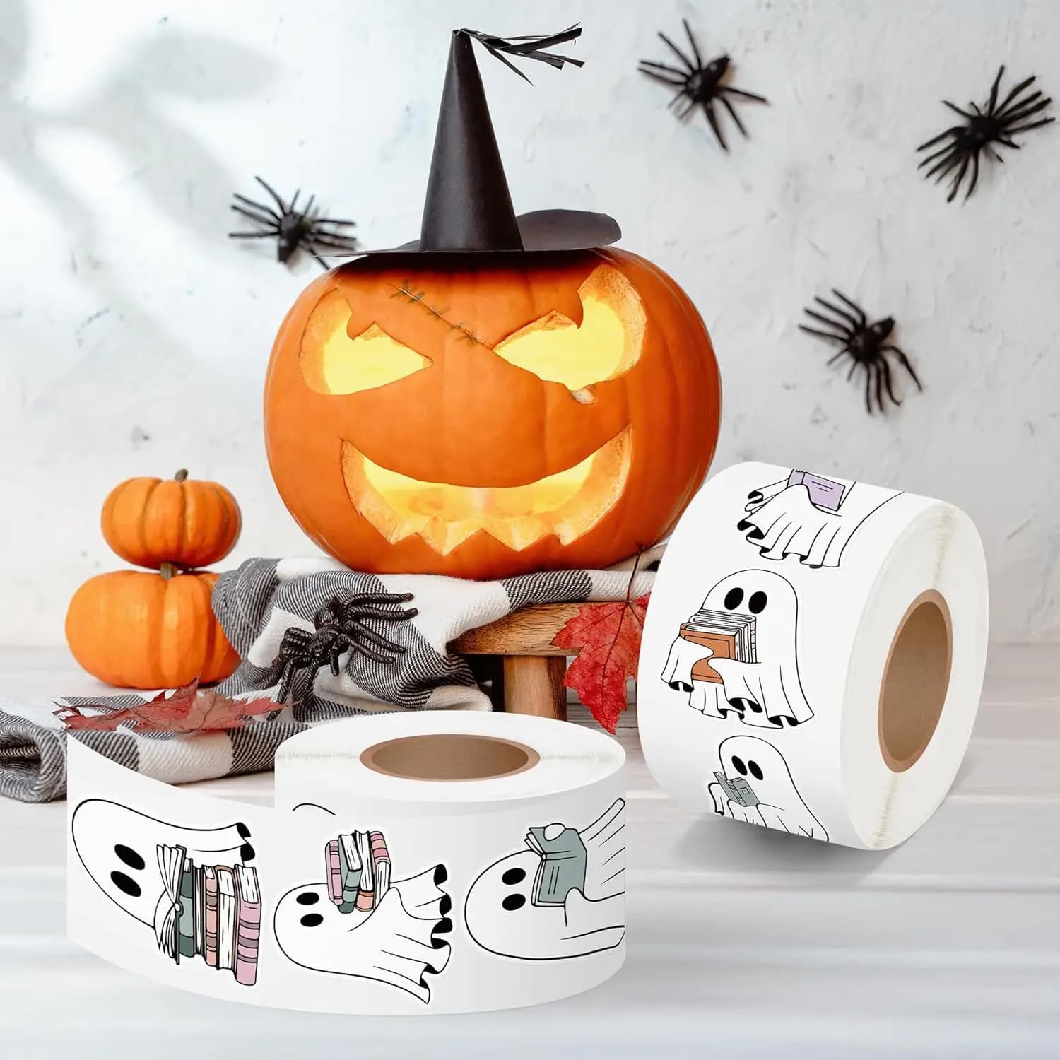 Rouleau d'autocollants pour livre de lecture d'histoire fantôme, 500 pièces, dessin animé d'halloween, petit fantôme, autocollant pour ventilateur de livre, cadeaux décoratifs imperméables