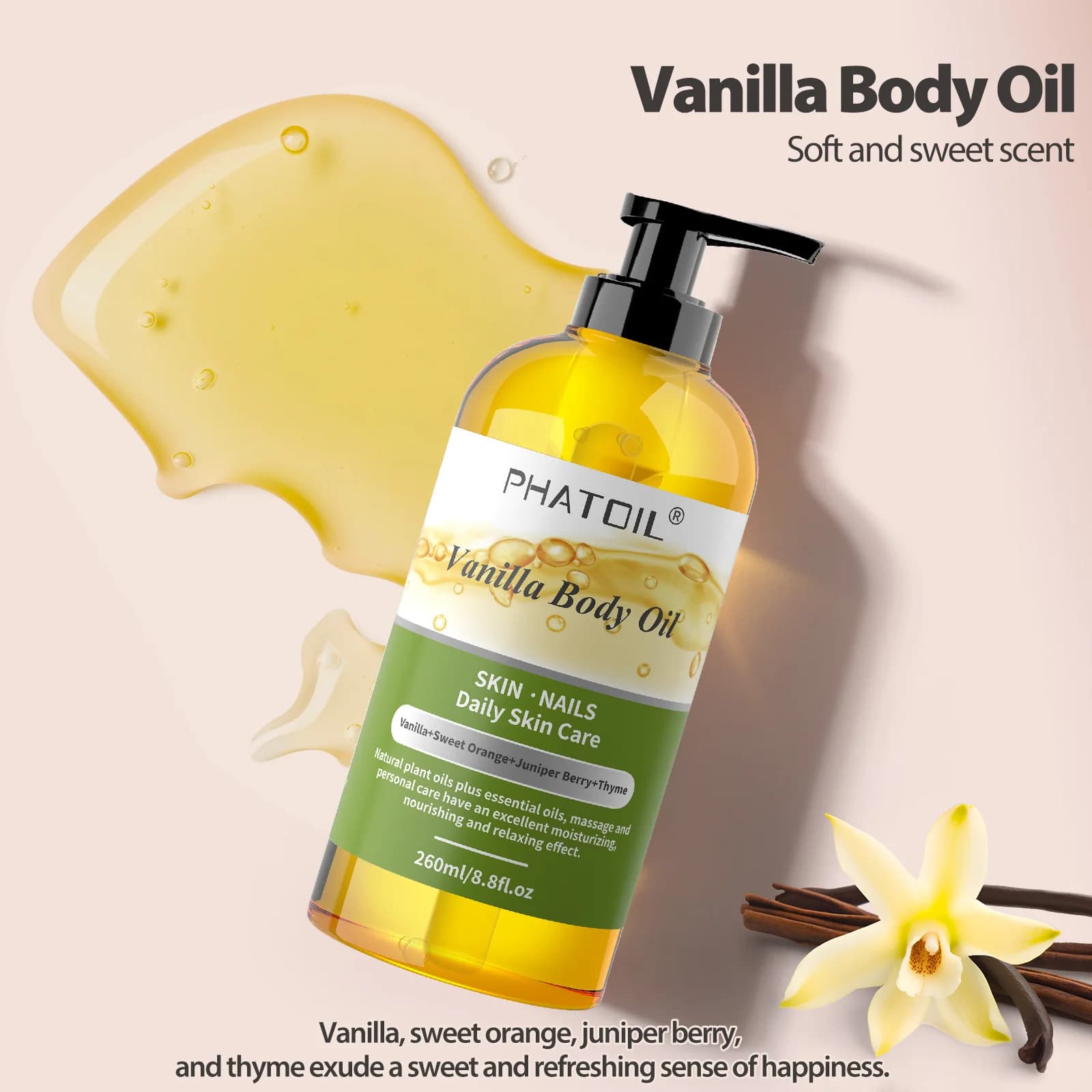 PHATOIL 260ML huile corporelle vanille pour hydrater la peau, huile de Massage de ricin 118ml adaptée à tous les Types de peau parfum longue durée
