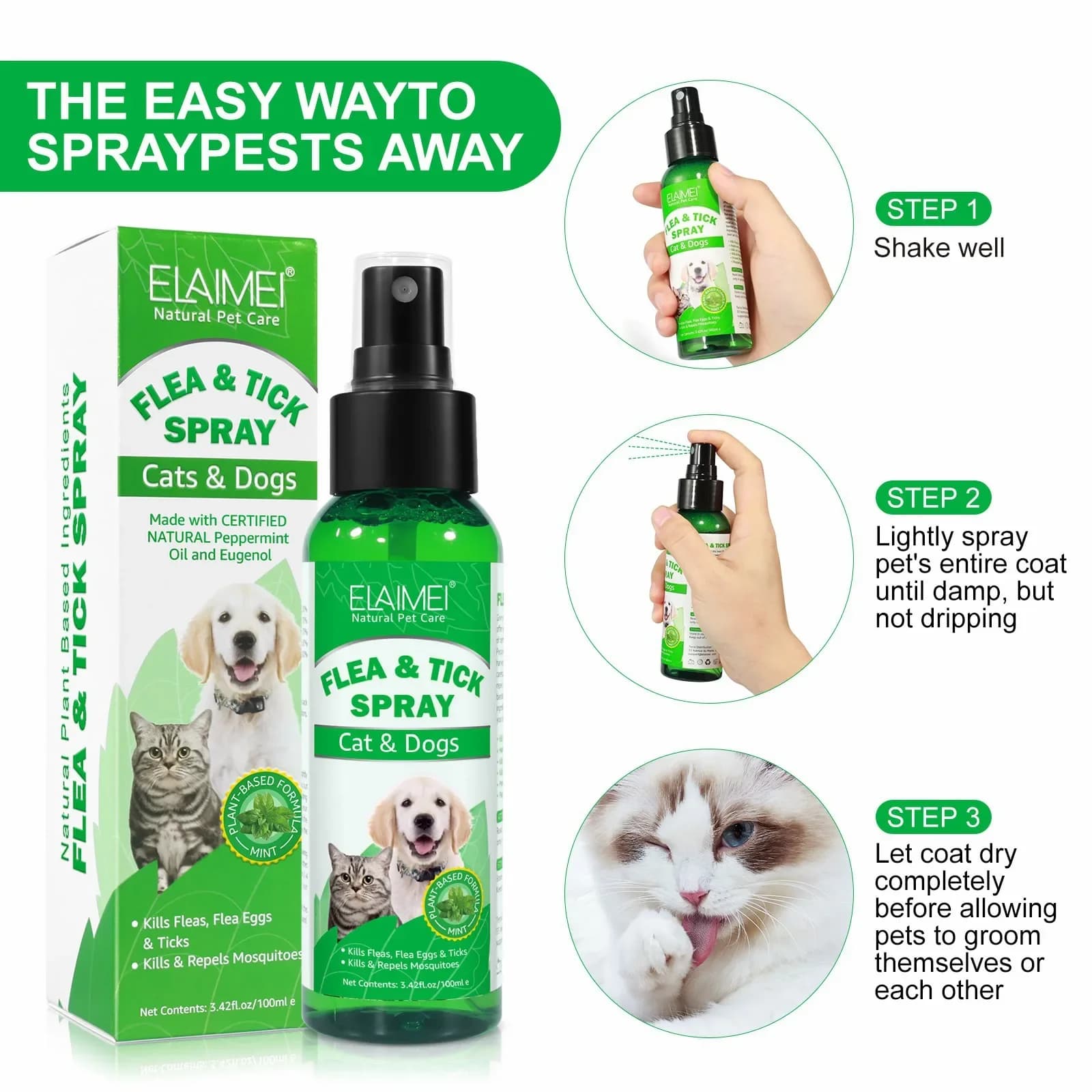 Spray anti-puces topiques et anti-tiques pour chiens et chats, parfum frais, naturel, huile de menthe poivrée et gros génol, soins pour animaux de compagnie, 100ml