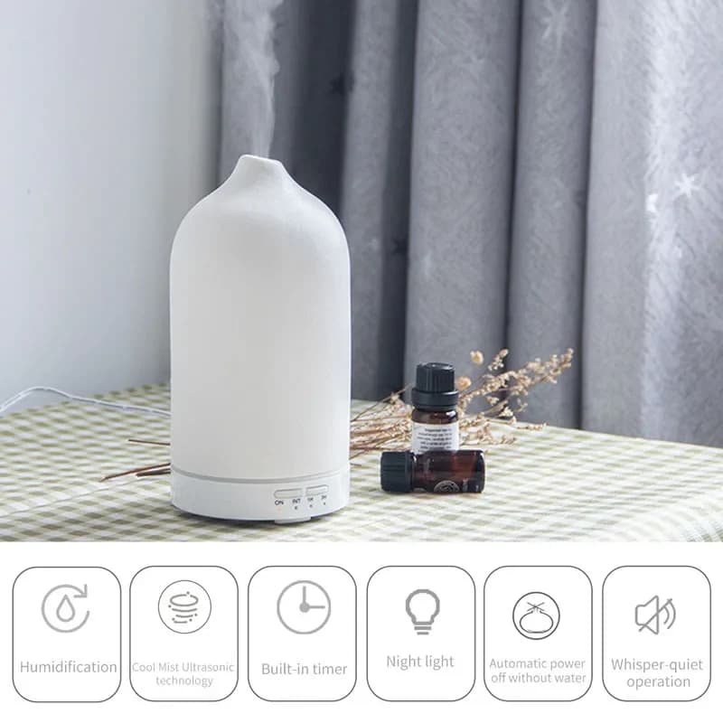 Diffuseur d'huile essentielle d'aromathérapie en céramique, humidificateur d'air à ultrasons avec minuterie, veilleuse, brumisateur frais sans eau, arrêt automatique