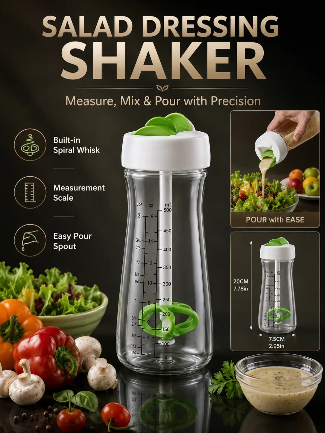 Bouteille shaker pour vinaigrette avec échelle graduée