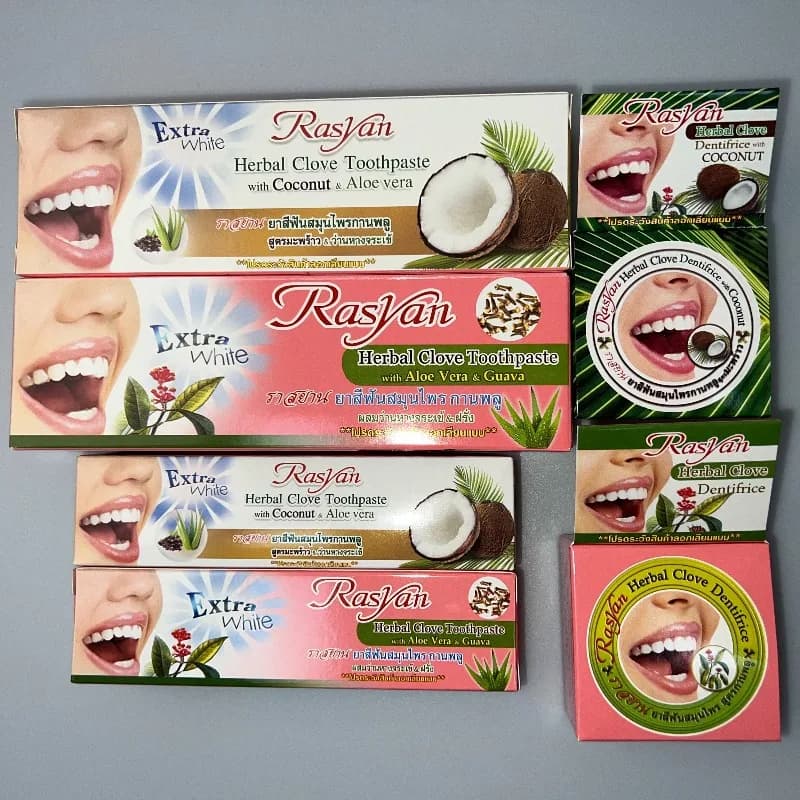 Ensemble dentifrice et poudre dentaire Rasyan de Thaïlande, clou de girofle et huile de coco, élimine efficacement les taches jaunes et la mauvaise haleine