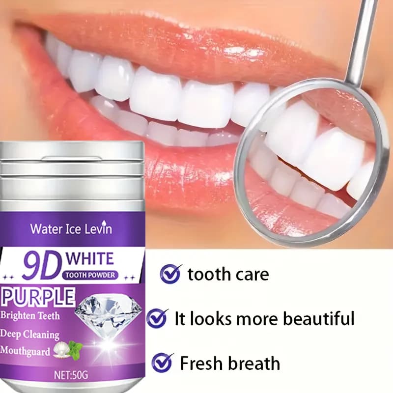 Poudre de dent blanche 9D. Formule éclaircissante violette. Appliquer le pinceau 2-3 minutes au quotidien. Whitens nettoie les dents. Souffle frais.
