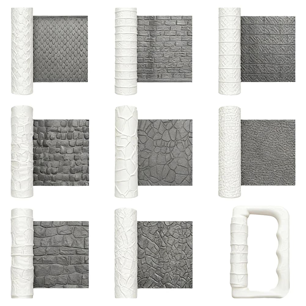 Ensemble de rouleaux texturés blancs, 9 pièces, avec poignée ergonomique, pour la mise en forme de l'argile, la création de modèles miniatures et les effets de pierre murale DIY