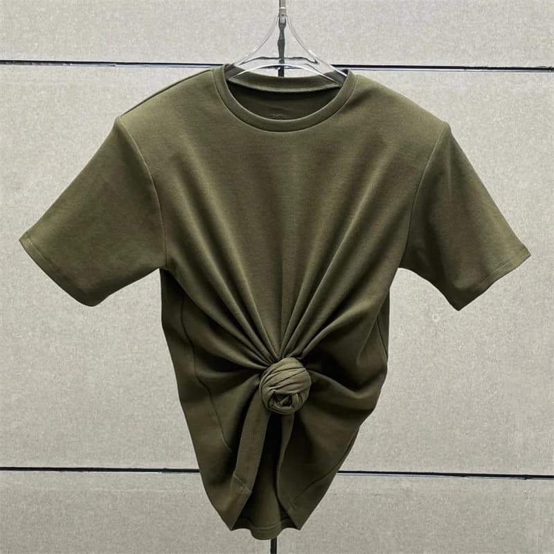 T-shirt femme 2025 été nouveau haut à manches courtes tricoté élastique fleur 3D décoré col rond pull pur coton haut court