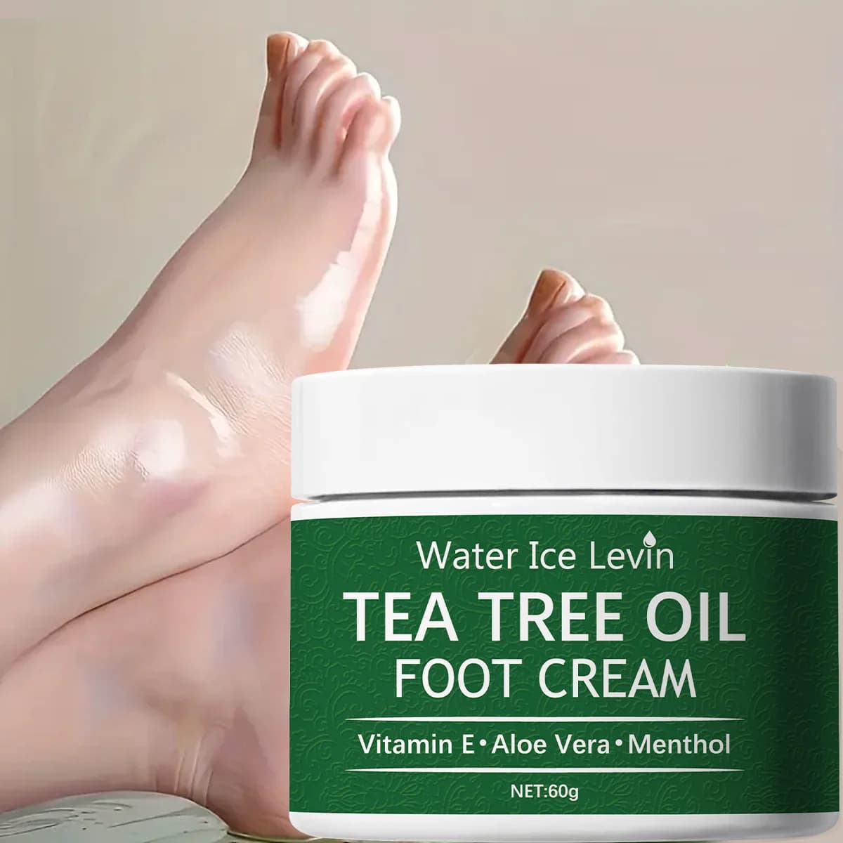 Crème pour les pieds à l'huile d'arbre à thé Water Ice Levin – Vitamine E Aloe Vera Menthol Ralent les pieds Non gras Absorption rapide Filet de 60 g