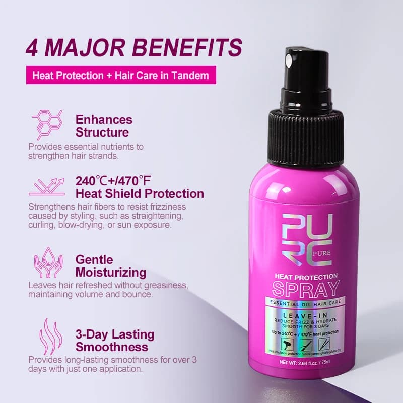 PURC Spray protecteur thermique huile de noix de coco contrôle des frisottis et brillance pour tous les types de