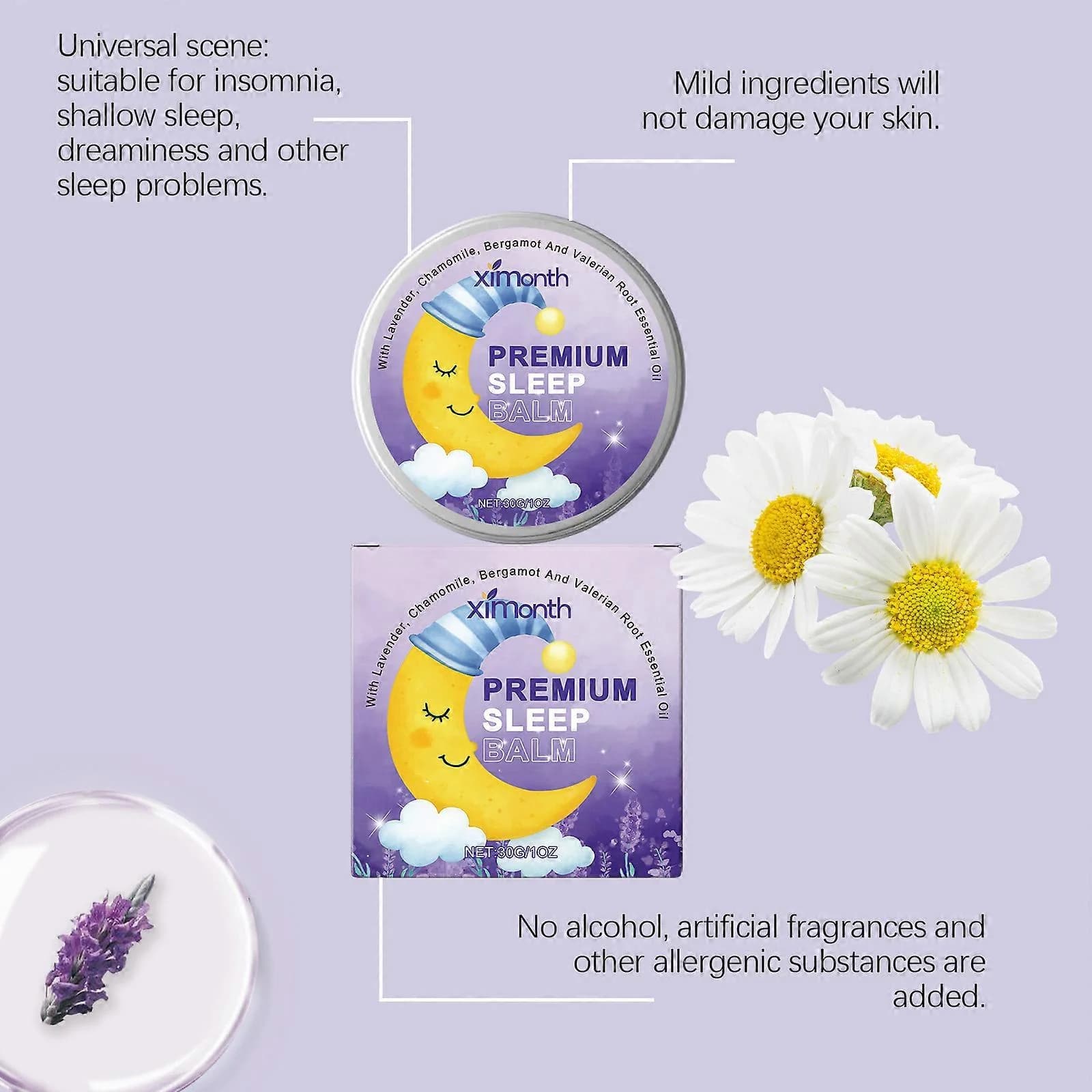 Baume de Sommeil Premium 30g – Formule Naturelle Lavande & Camomille, Absorption Rapide, Doux pour la Peau, Idéal Voyage pour la Relaxation