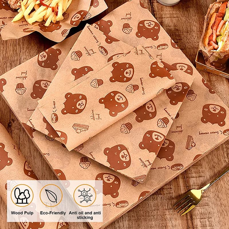 Rouleau d'emballage jetable résistant à l'huile, papier d'emballage pour sandwich, emballage enduit de dessin animé, outil de cuisine domestique, cuisson du petit-déjeuner et du poulet, 50 pièces