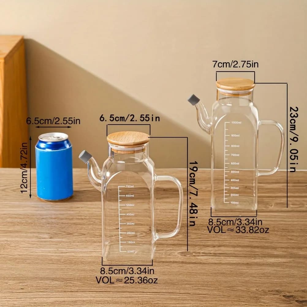 Pot à huile en verre de 1000ml, Pot à vinaigre de grande capacité avec couvercle avec marquages de mesure, lavage des mains uniquement, accessoires de cuisine à usage domestique