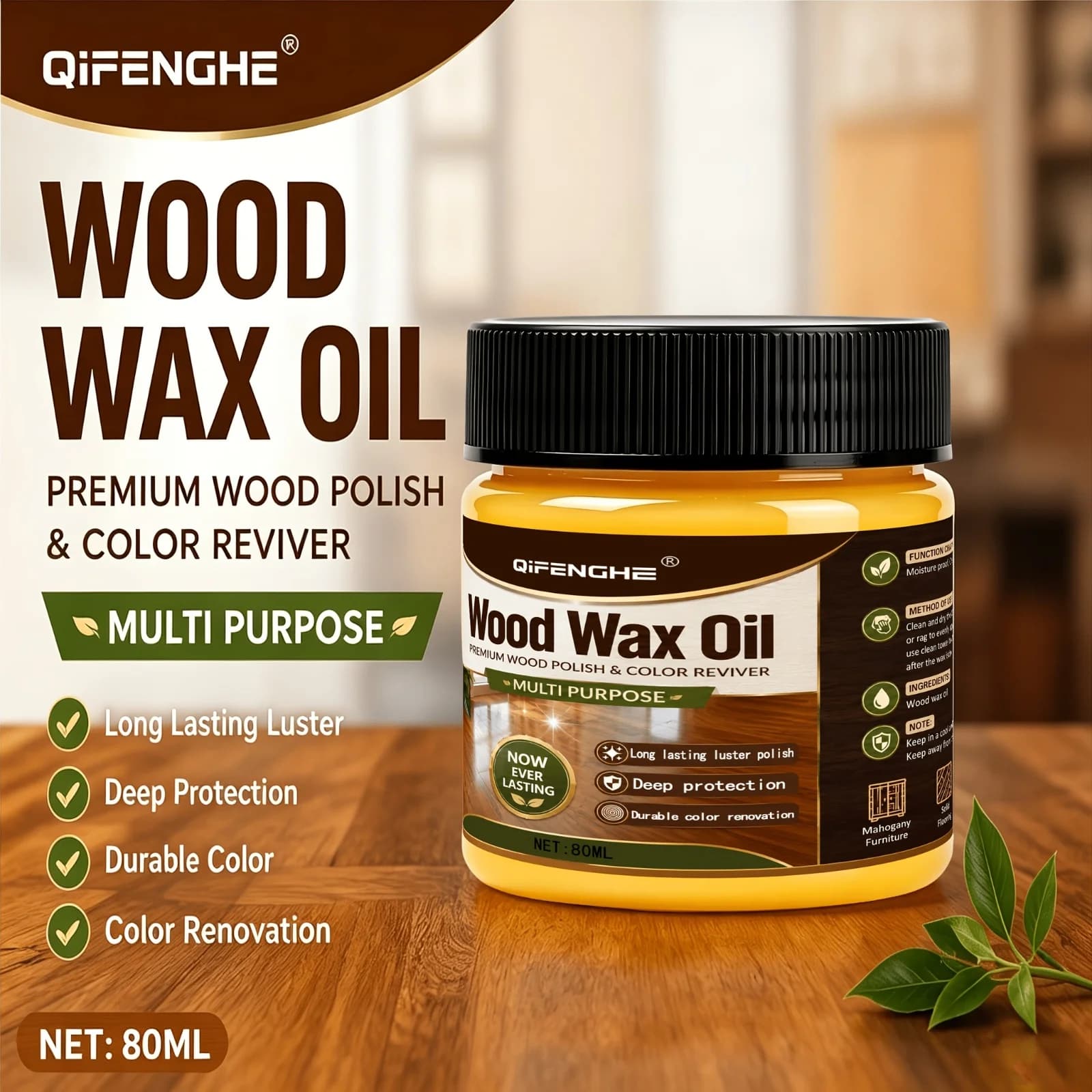 Huile de cire pour bois 2,71 oz, multi-usages, à base de cire d'abeille, pour lustrer et redonner de la couleur aux meubles, armoires et sols.