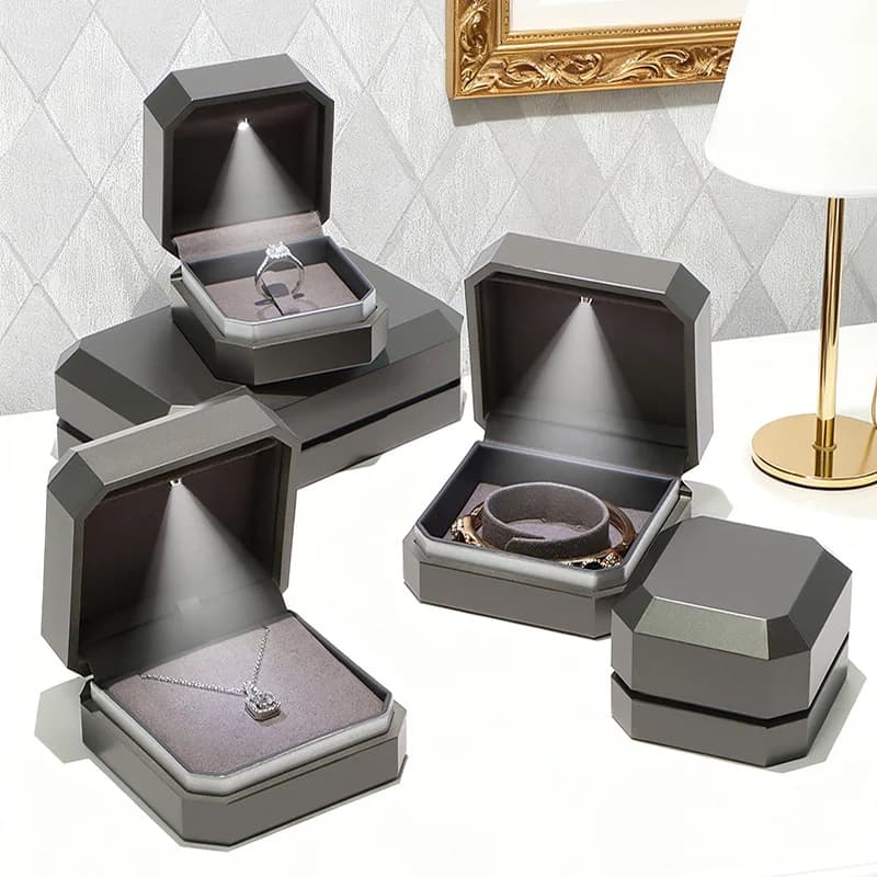 EBUTY Boîte à bijoux grise haut de gamme avec lumière LED