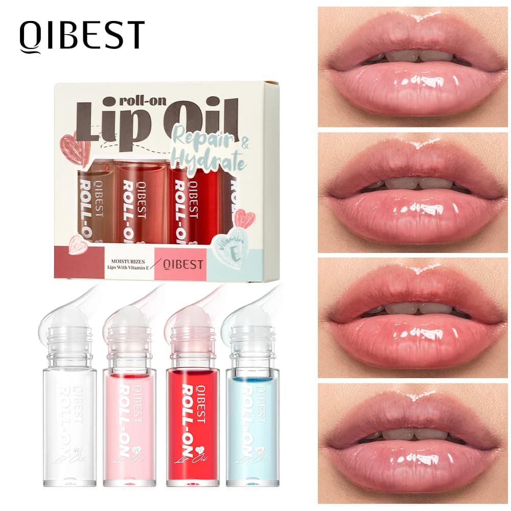 QIBEST – Lot de 4 baumes à lèvres roll-on, kits de maquillage hydratants, transparents, à bille roulante, huile à lèvres hydratante, gloss cosmétique