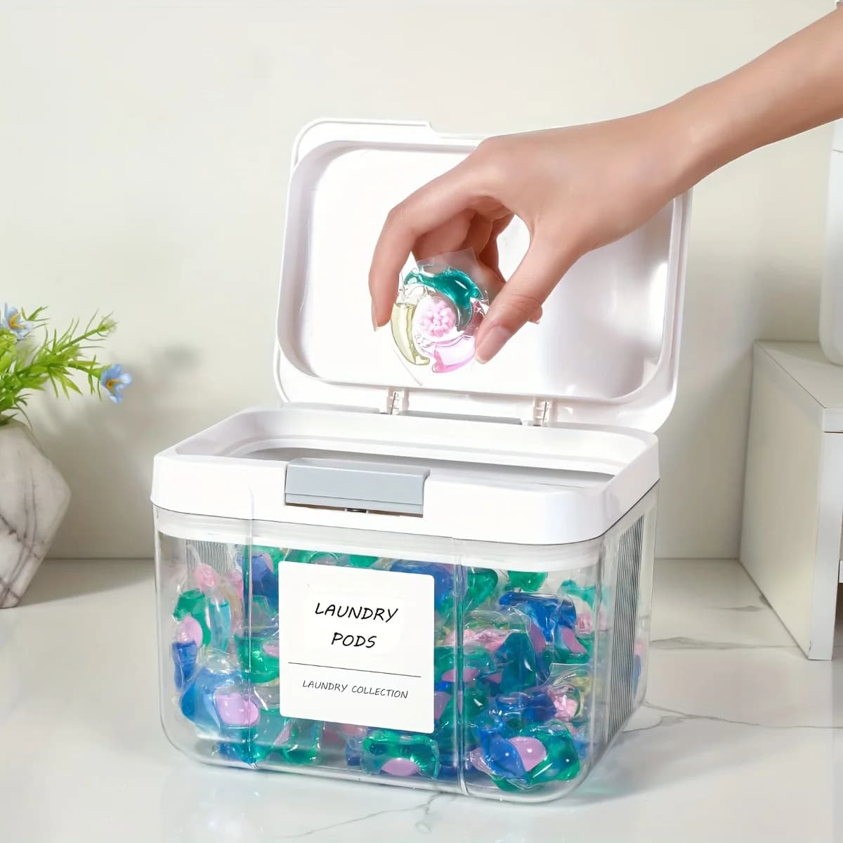 Porte-dosette à linge avec couvercle, conteneur de dosettes à linge, pop-up scellé et automatique, grande capacité, boîte de rangement pour dosettes de linge