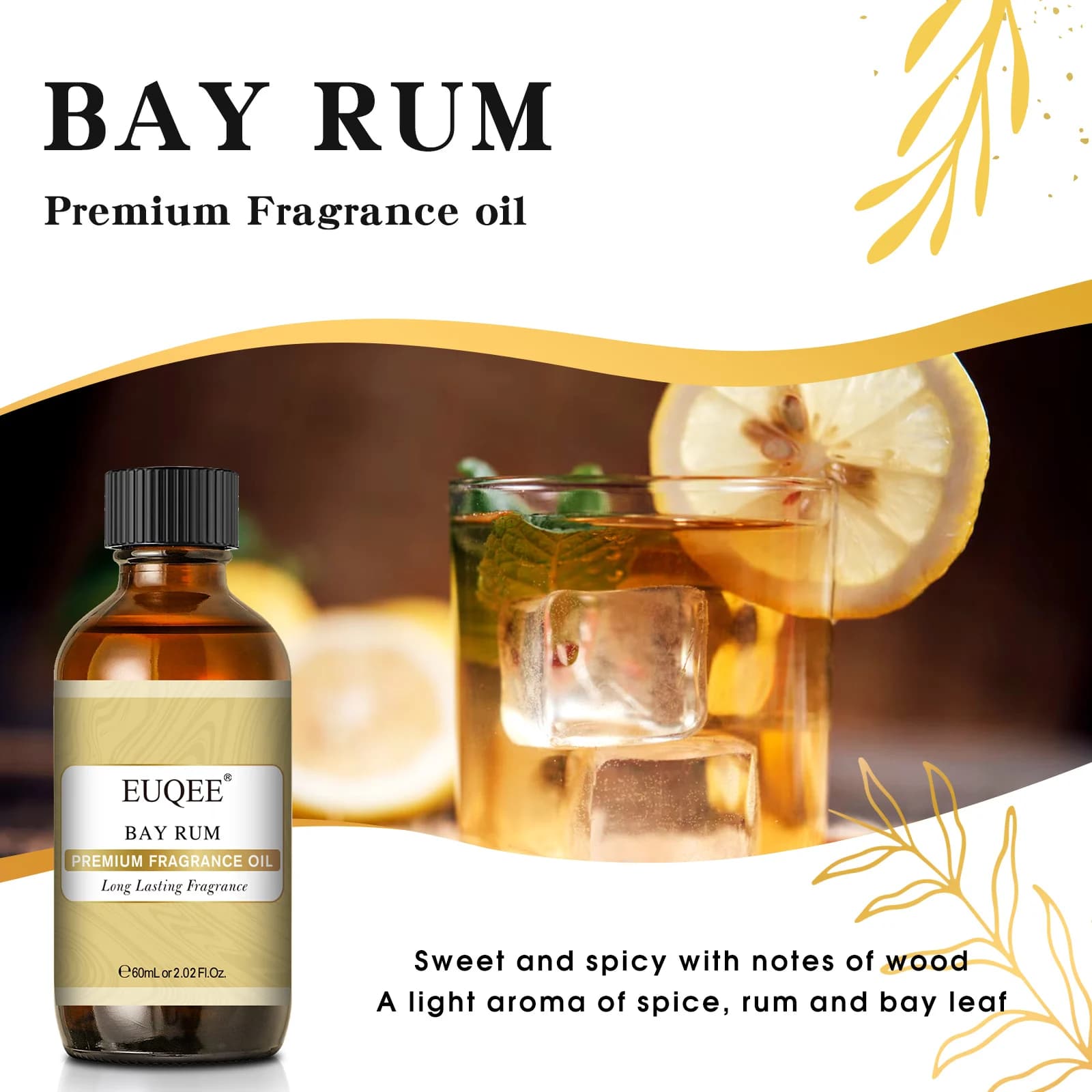 EUQEE Huile parfumée pour homme de qualité supérieure pour la fabrication de savon et de bougies, aromathérapie, parfum boisé pour parfum domestique, arôme de cuir de rhum de baie