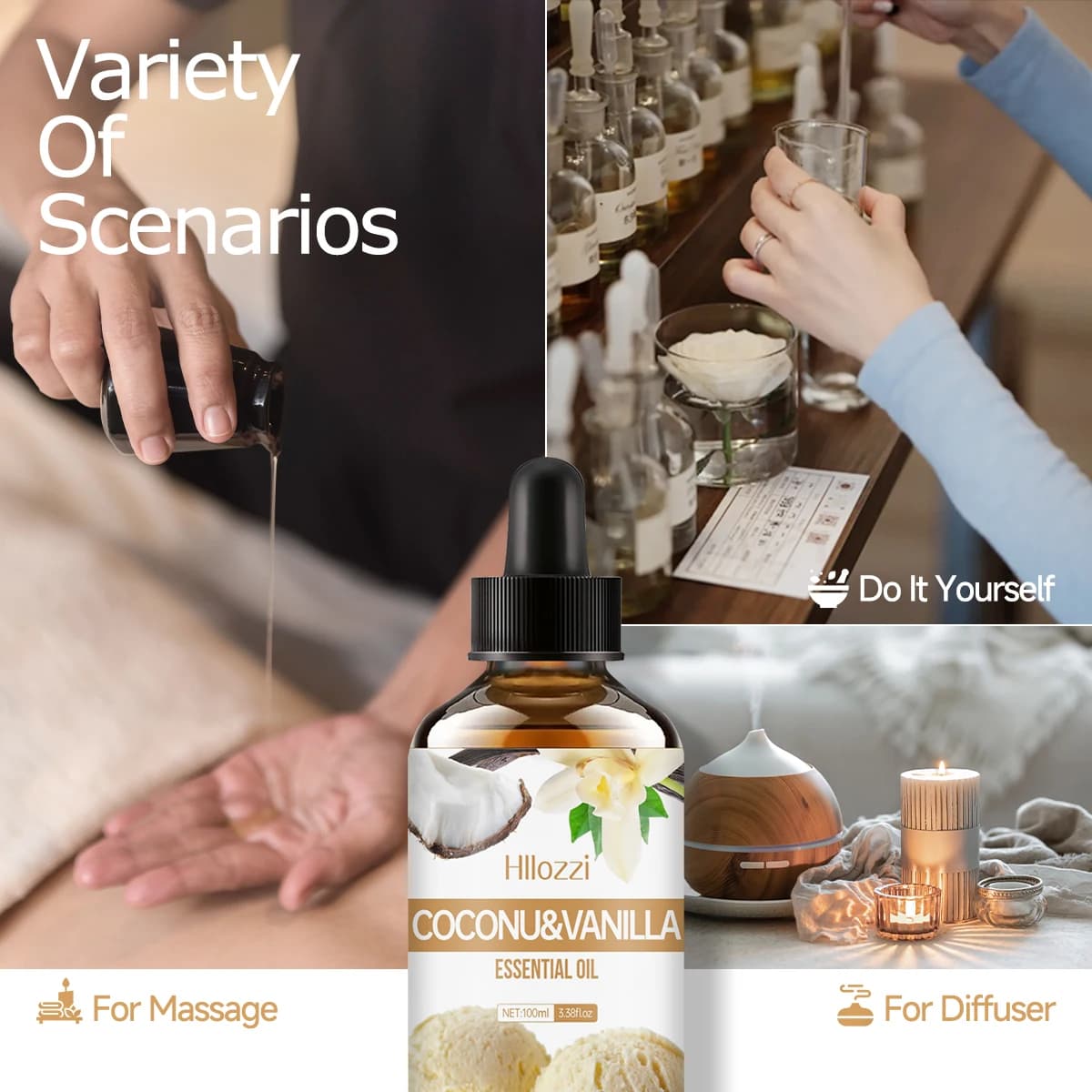 Huile essentielle de noix de coco et de vanille pour massage corporel