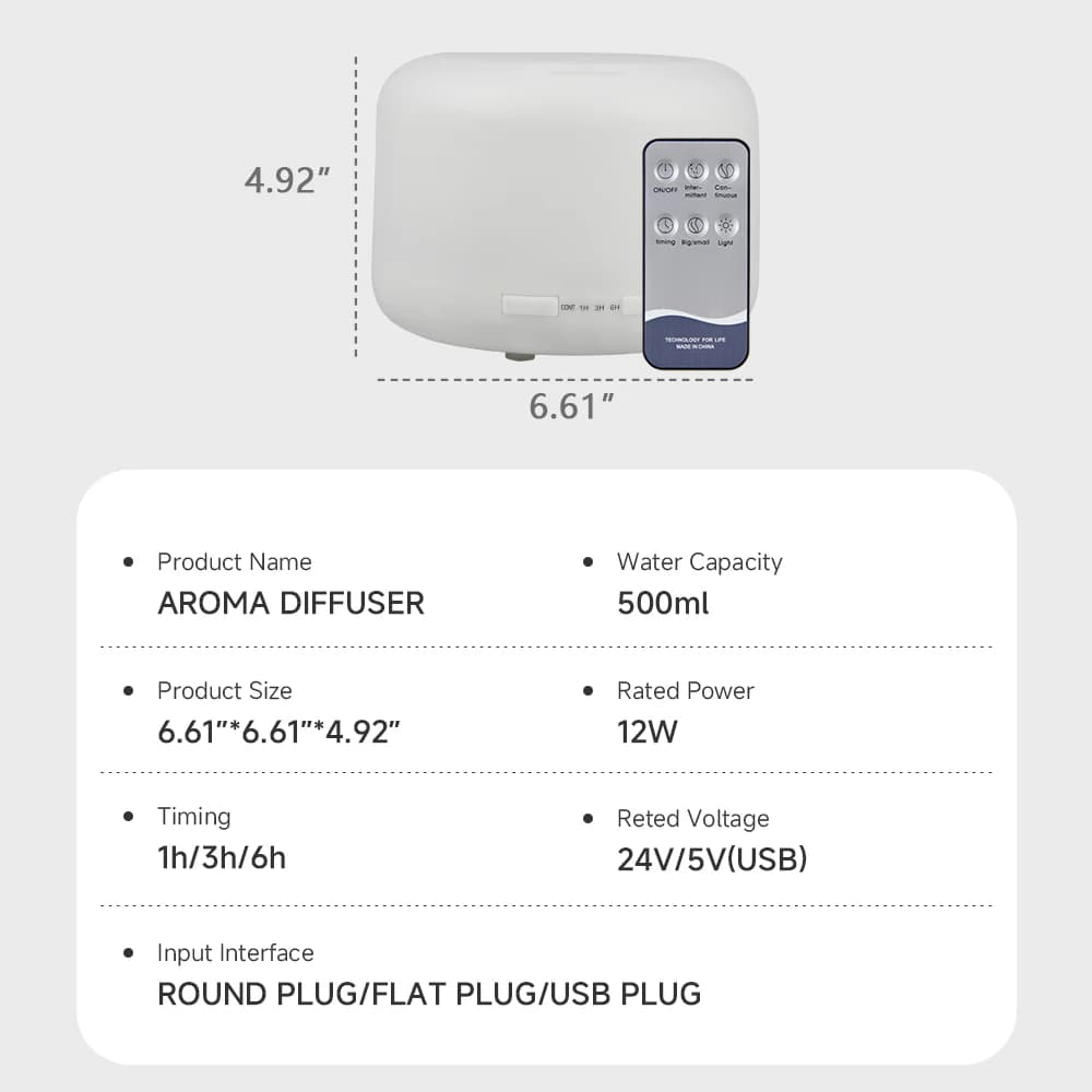 Diffuseur d'huiles essentielles avec télécommande de 500ml, humidificateur d'air ultrasonique, minuterie de vaporisateur d'huile parfumée et arrêt automatique