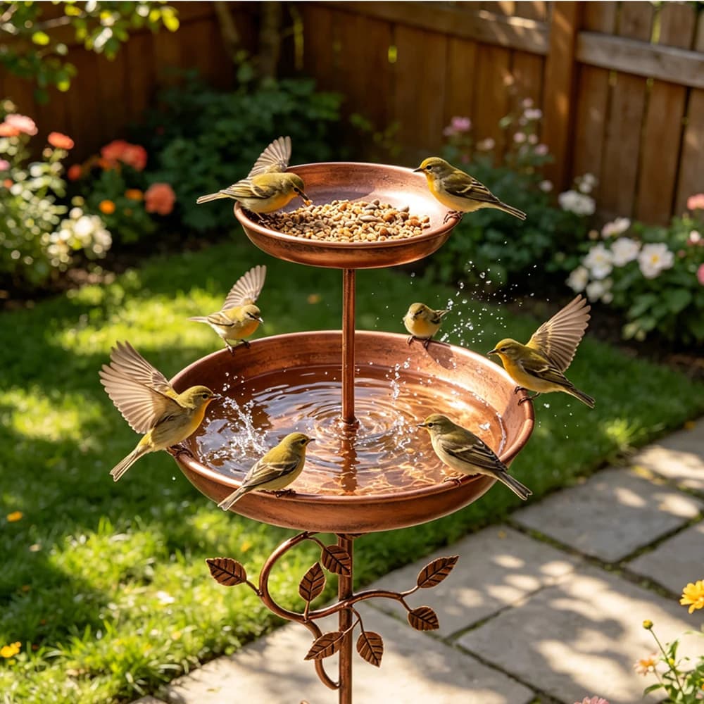 Mangeoire à oiseaux vintage en cuivre à cinq pieds et à double couche