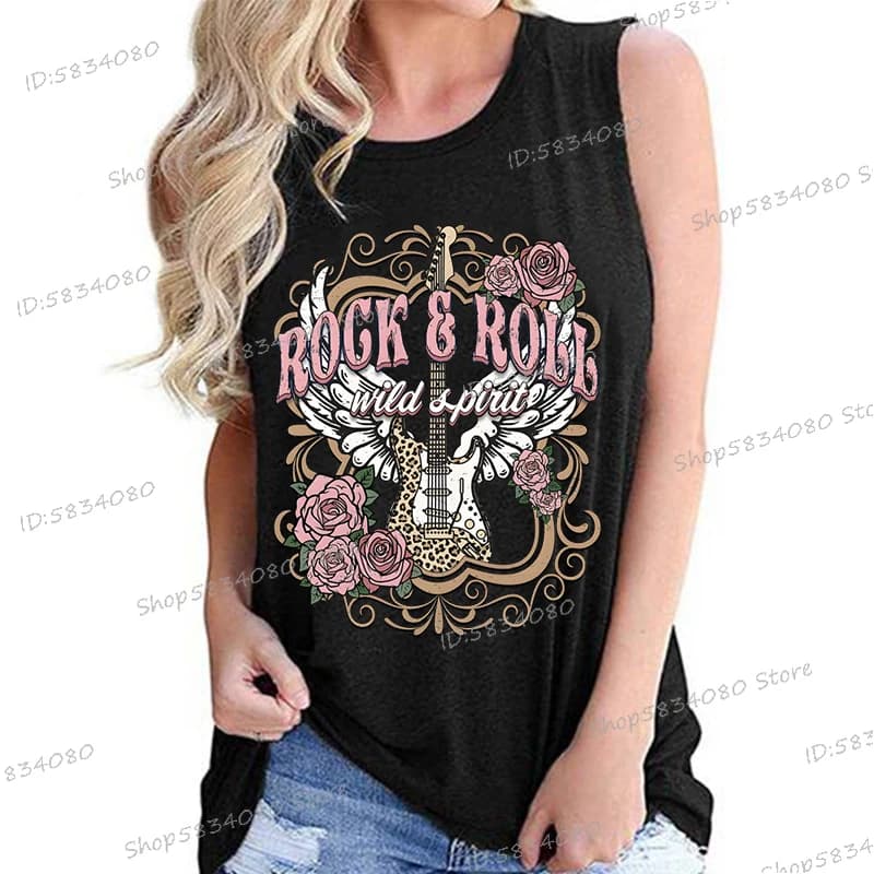 Rock Roll Wild T-shirts Style Vintage Rose guitare chemise nouvelle mode d'été col rond t-shirt mélomane femmes sans manches débardeurs hauts