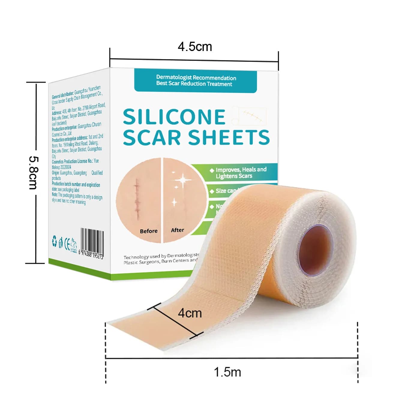 1 rouleau = feuilles de cicatrices en Silicone de 4cm x 1.5m