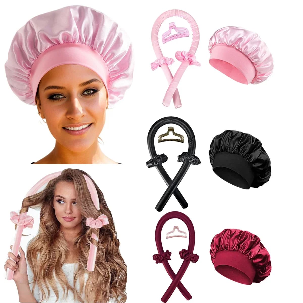 Tige à friser sans chaleur, bandeau sans chaleur, bigoudis doux, boucles paresseuses, Bonnet en Satin, casquette de nuit, outils de coiffure