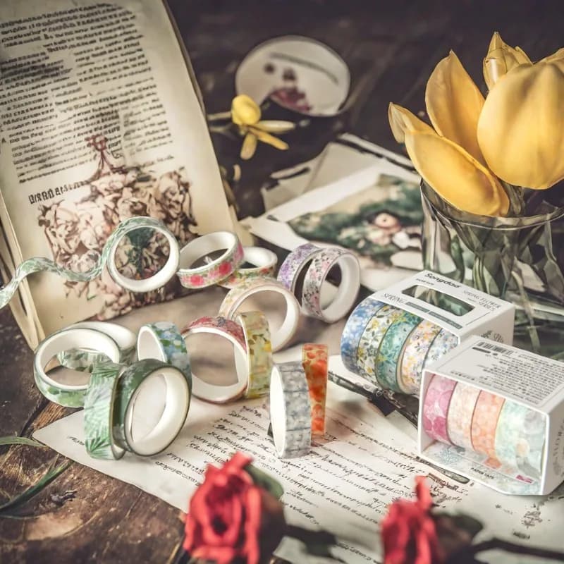 Lot de 5 rouleaux de ruban washi floral romantique en boîte – Adorable ruban décoratif frais pour étudiants, journal, scrapbooking, cadeau