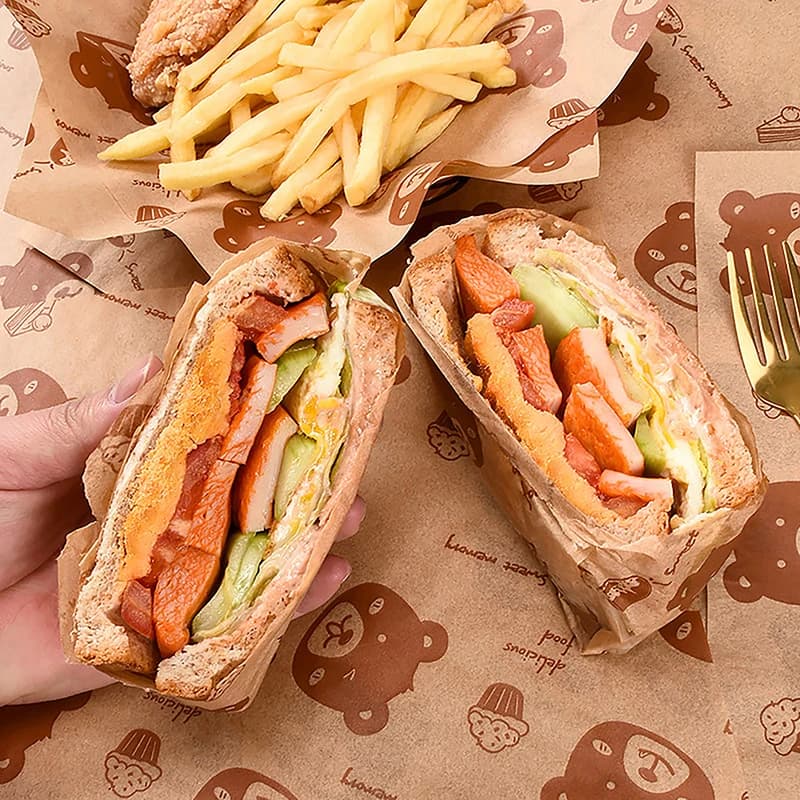 Rouleau d'emballage jetable résistant à l'huile, papier d'emballage pour sandwich, emballage enduit de dessin animé, outil de cuisine domestique, cuisson du petit-déjeuner et du poulet, 50 pièces