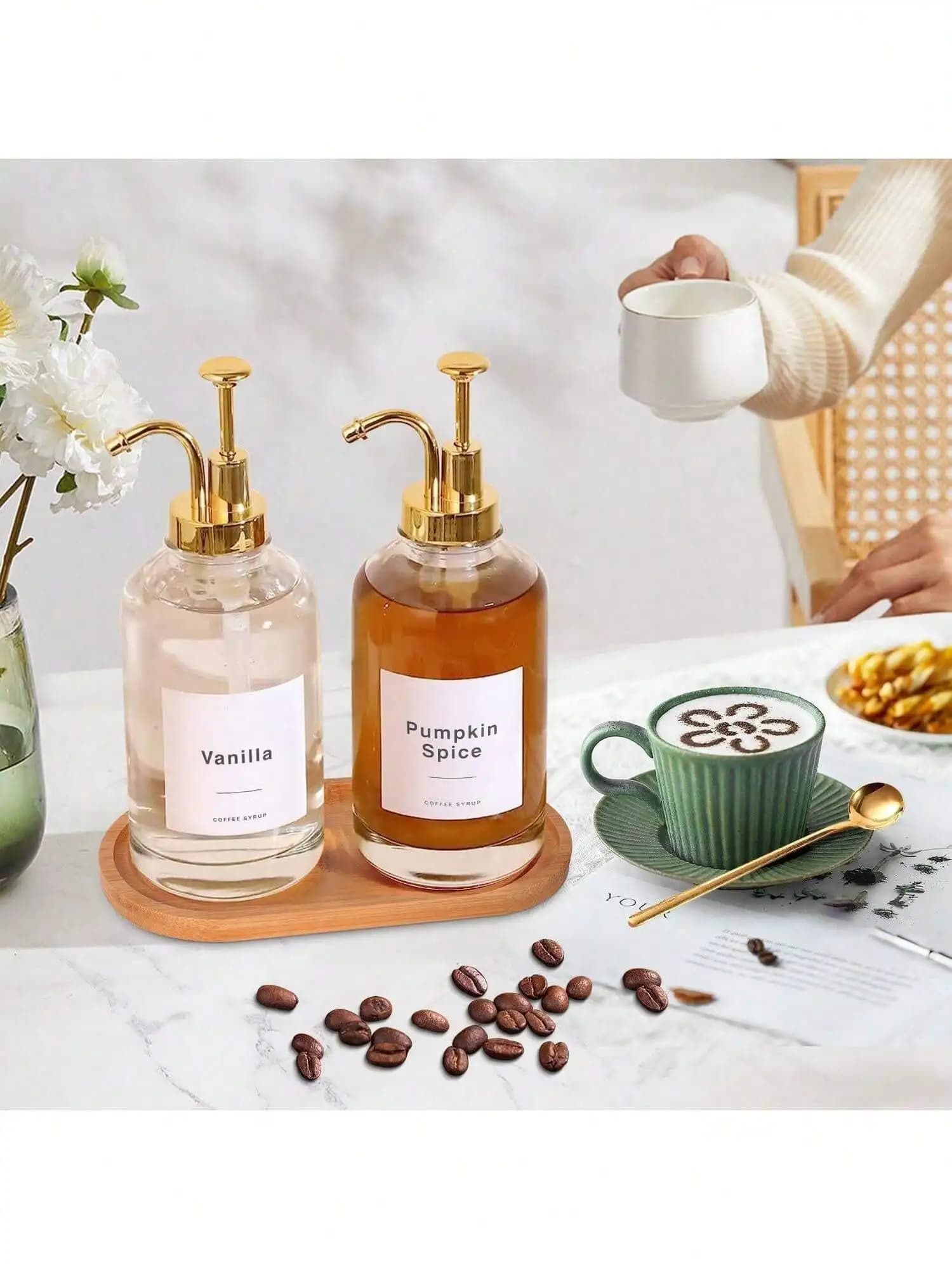 1 bouteille en verre pour sirop, bouteille en verre, pompes distributrices pour sirop, huile, lotion, savon et bain de bouche, adaptées aux bars à café