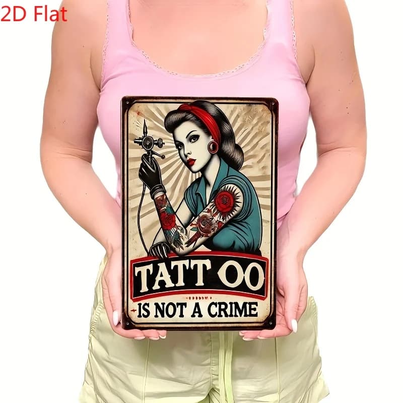 Art mural en métal rétro 2D plat style tatouage |   Panneau « Le tatouage n'est pas un crime » de 8,0 x 12,0 pouces avec motif rouge vif et design de tatouage