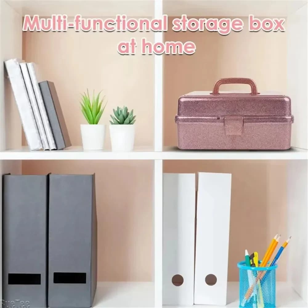 Boîte de rangement à main pliable à 3 couches, boîtes d'accessoires de cosmétiques de beauté à paillettes avec poignée, boîte à outils de maquillage de grande capacité pour usage domestique