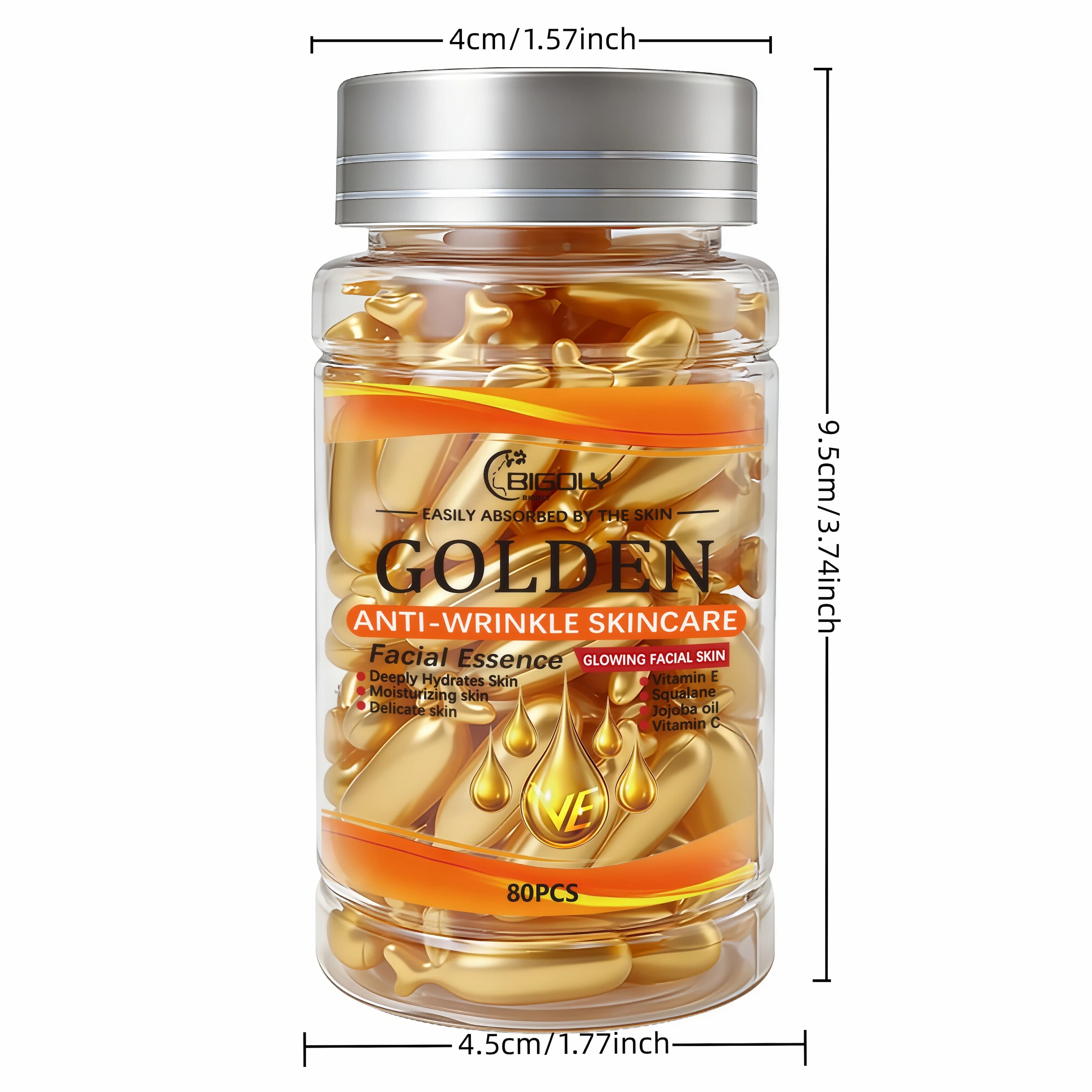 80 capsules de sérum anti-rides pour le visage, riches en vitamines C, E et squalane, hydratent et nourrissent la peau, la rendant lisse et délicate, conditionnées en forme de capsule, hygiéniques et 