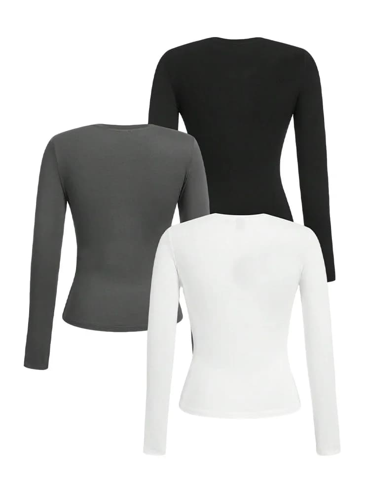 T-shirt femme manches longues couleur unie - Tissu tricoté polyester, col rond, coupe régulière, style automne-hiver