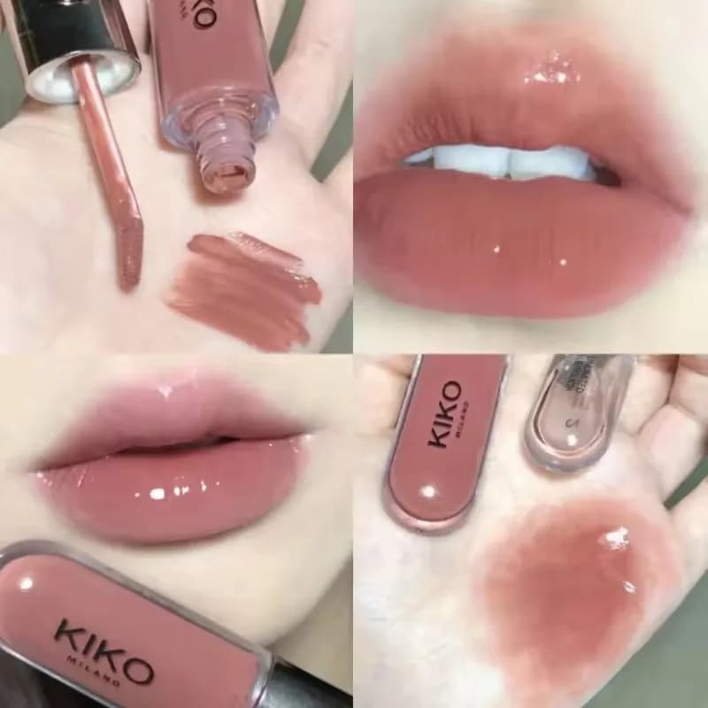 Nouveau Rouge à Lèvres Double Embout Kiko, Gloss Transparent Effet Miroir, Huile à Lèvres Longue Tenue, Gloss Riche et Sexy, Teinte Thé au Lait, Maquillage Naturel